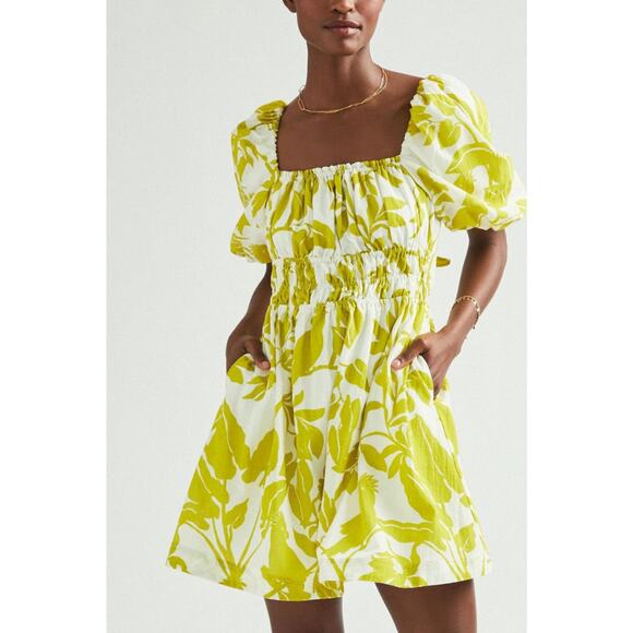 Anthropologie Maeve Feliciana Tropical Print Mini Dress XS Puff Sleeve Smocked - Picture 1 of 14